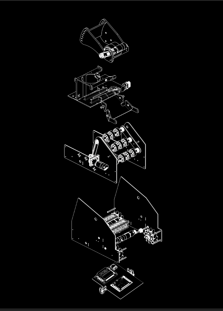 Exploded CAD of robot KG showing shooter, transfer, intake, drivetrain, and electronics assemblies.